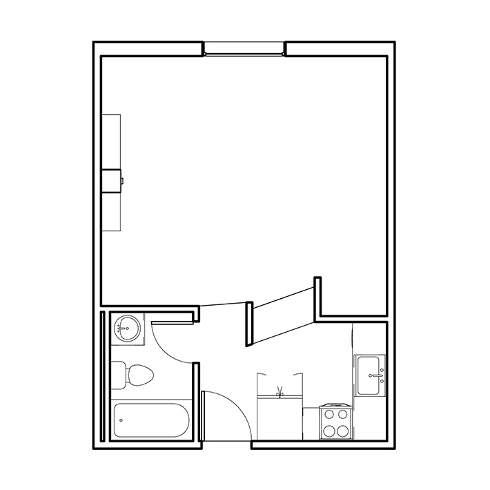 floor plan of a deluxe efficiency in the village apartments