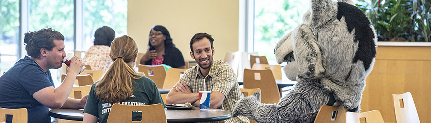 photo of students sitting in the student union with rowdy