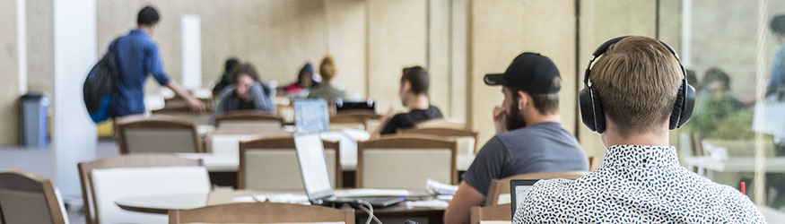 photo of students sitting at tables studying in the library