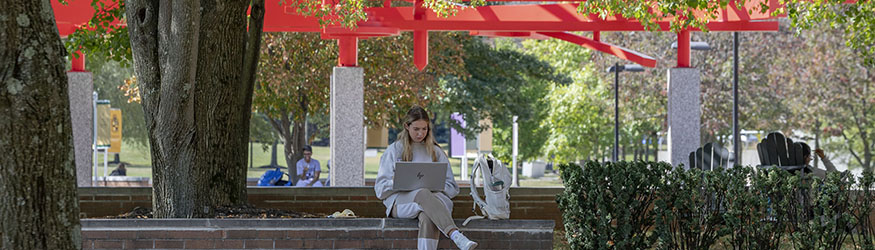 photo of a student sitting outside on campus using a laptop