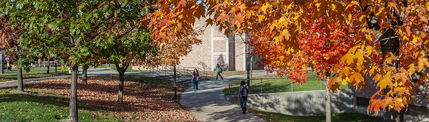 photo of students walking outside on campus in the fall
