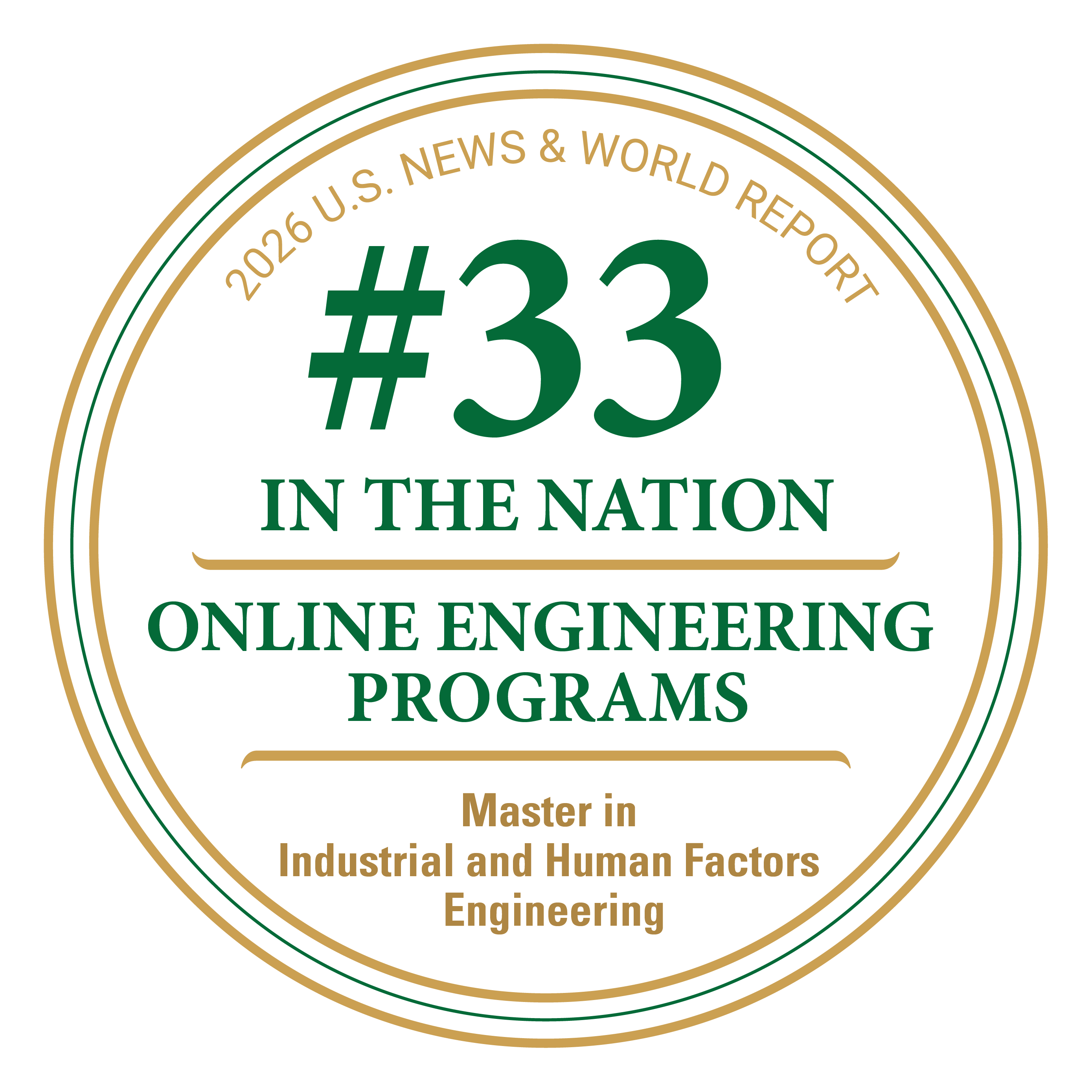 branded badge with text 2026 us news and world report #33 in the nation online engineering program master in industrial and human factors engineering