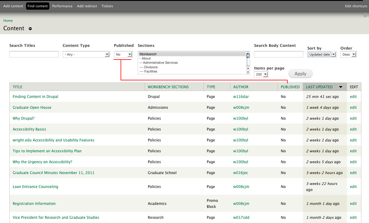 Find Content by Published status