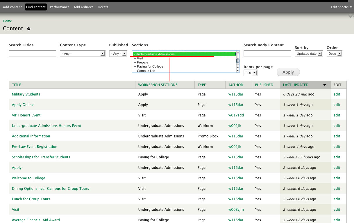 Find Content by Workbench Section