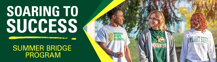 graphic banner with the words soaring to success summer bridge program and a photo of three students