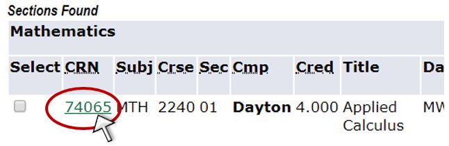 Select the hyperlinked CRN number associated with the Course Section