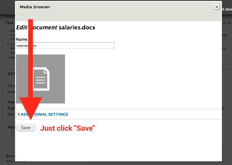 File properties edit screen, shown after a file is uploaded. Just click save.