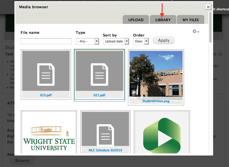 Media browser screenshot of Library tab, showing several files to choose from.