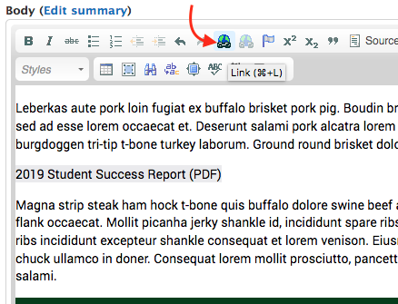 Screenshot of Body field editor, with link text highlighted, and position of Link button shown (Control-L or Command-L on keyboard)