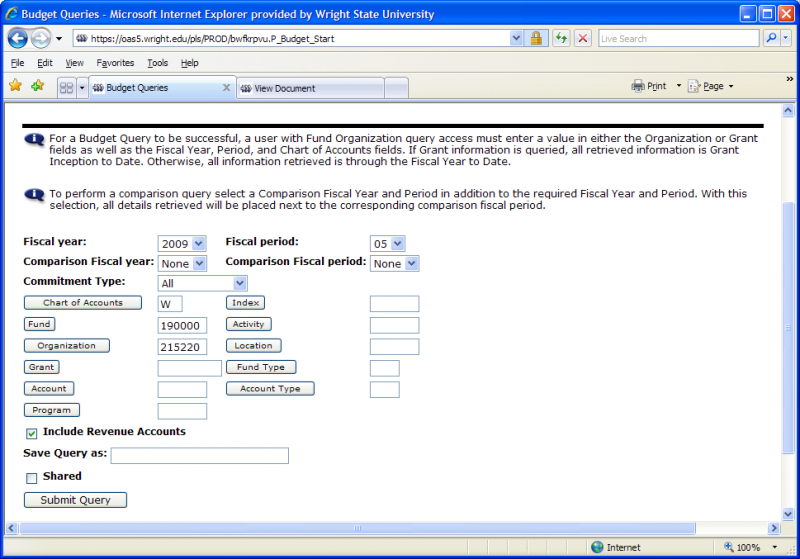 Budget Query FOAPAL Parameters