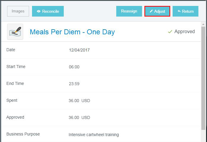 screenshot, expense detail pane, select adjust