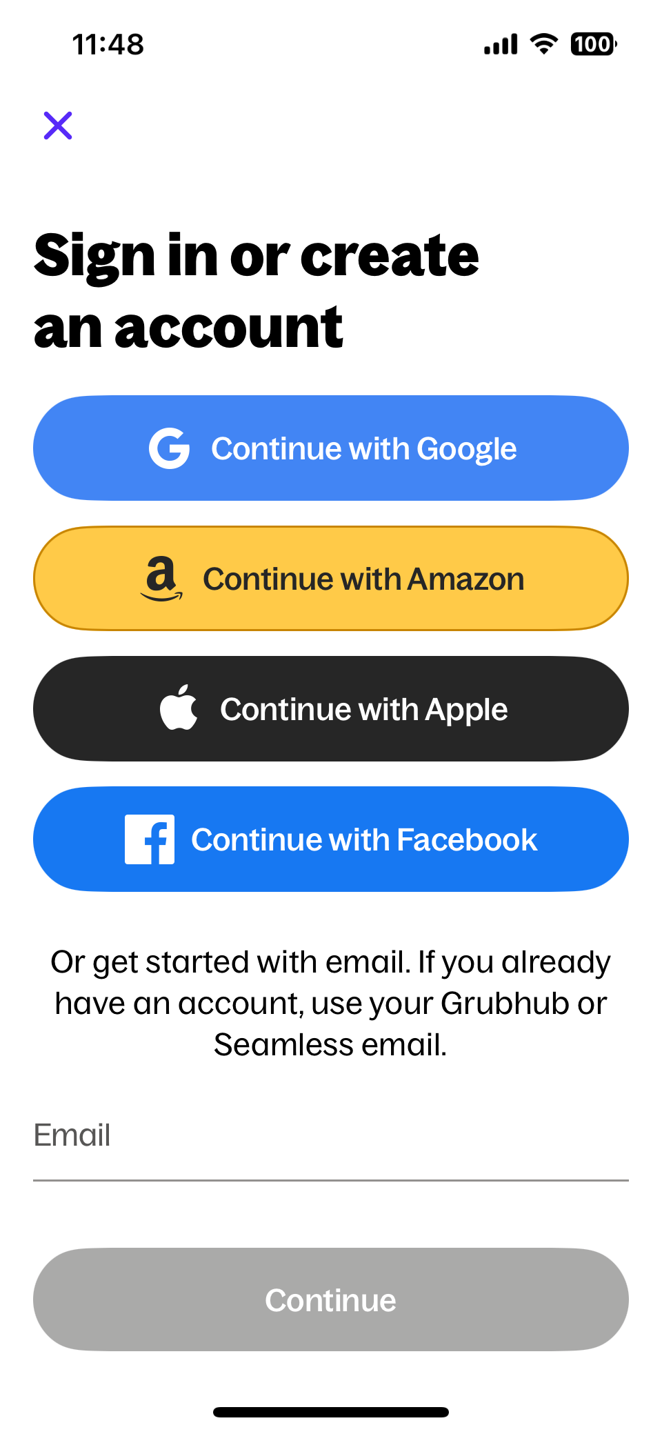 screenshot of grubhub app screen where users sign in or create an account