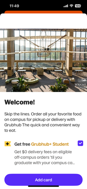 screenshot of grubhub app screen where users add a card