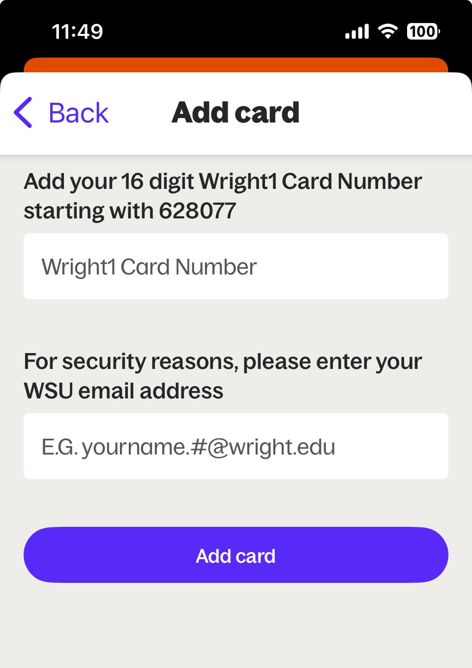 screenshot of grubhub app screen where users add their wright1 card number