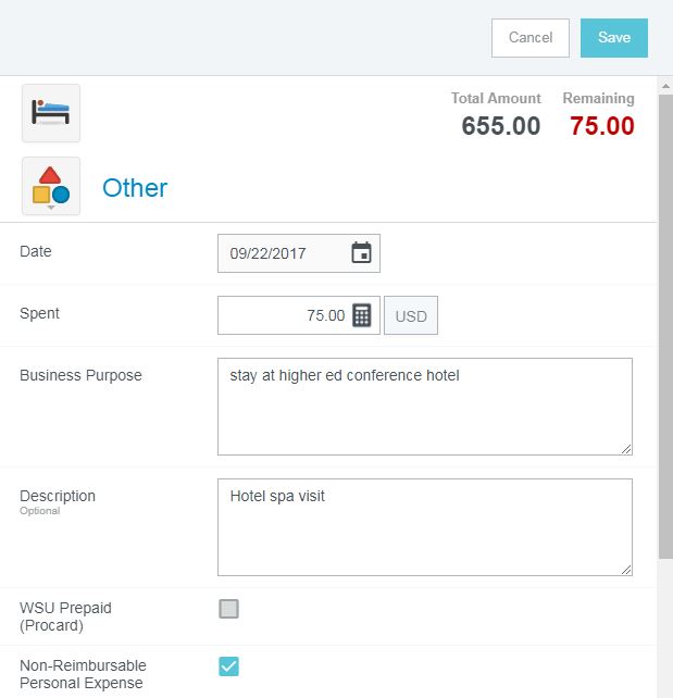 screen shot of expense detail with non-reimbursable personal expense box checked