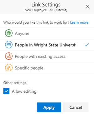 screen capture of the onedrive link settings window