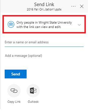 screen capture of the onedrive send link window
