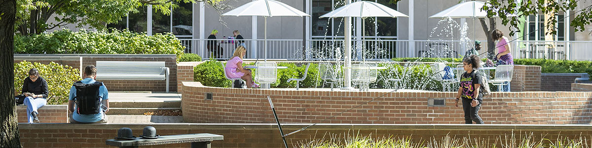 photo of students sitting and walking outside on campus in the spring