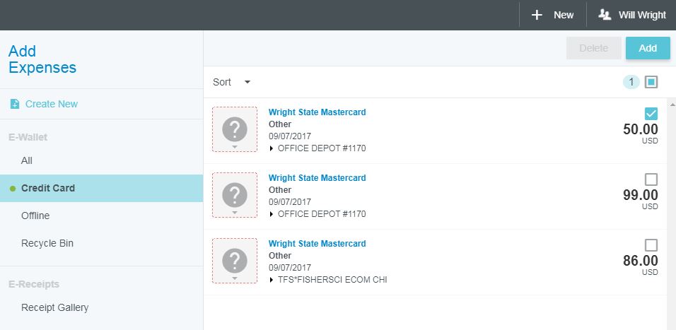 Add expenses, credit card screenshot, square tile with question mark next to expense description