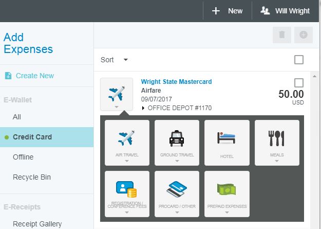 screenshot of add expenses, credit card expenses, selecting expense type from tile drop down