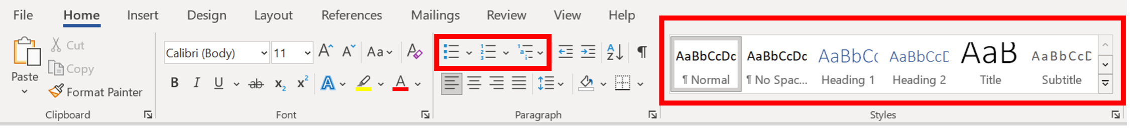A screenshot of the Home toolbar of Microsoft Word. Red boxes emphasize the options for formatting with bulleted lists in the center and the Styles panel to the right.